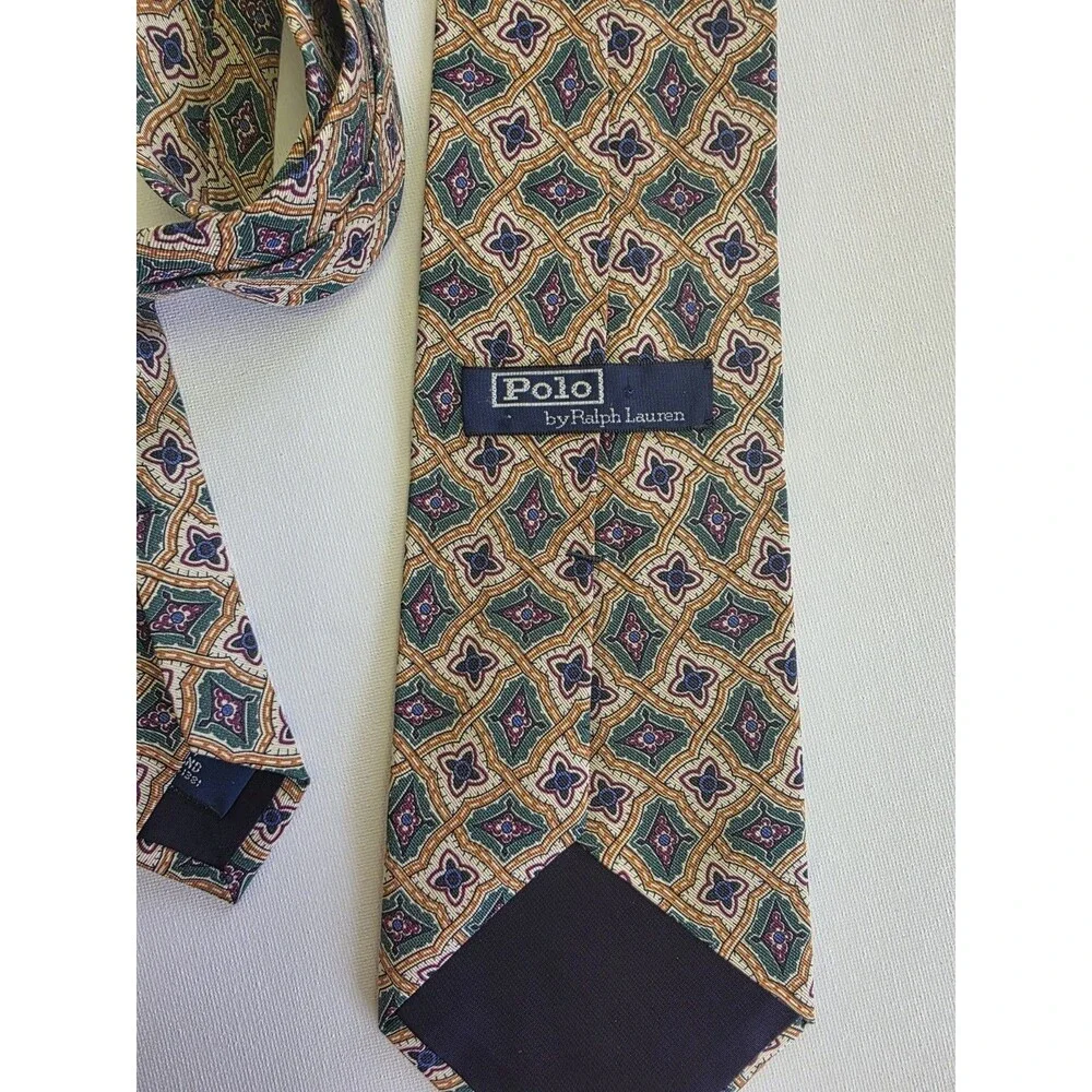 Polo Ralph Lauren Men's Multicolor Geometric Pattern Pointed Tie Handmade